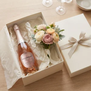 Caja de regalo con Crémant de Loire Ackerman y ramo de flores