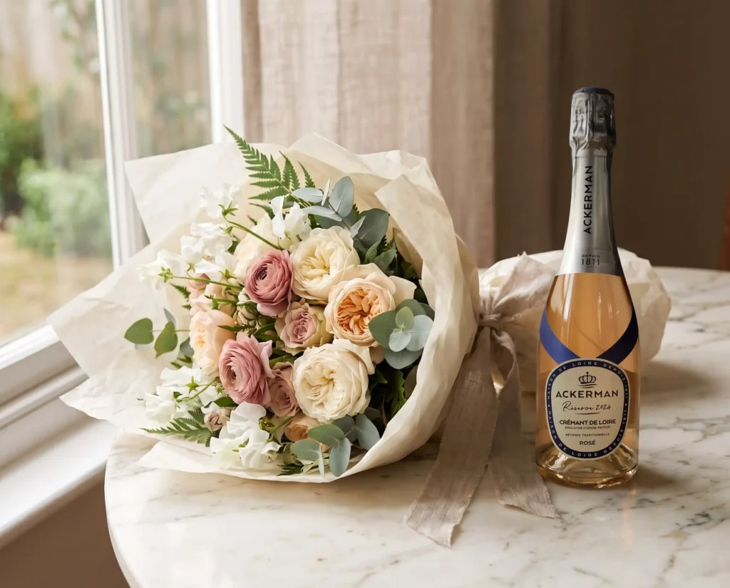 Ramo de flores con botella de Crémant de Loire Ackerman