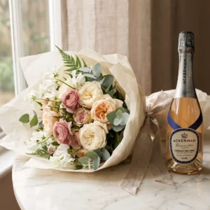 Ramo de flores con botella de Crémant de Loire Ackerman