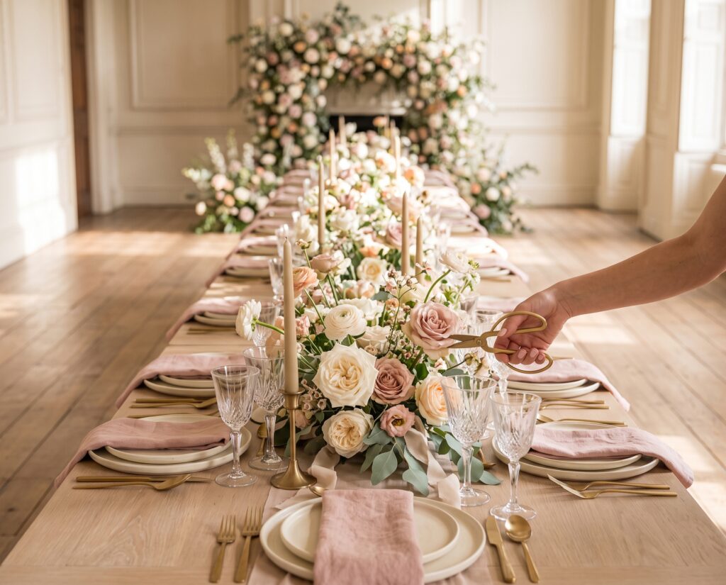 Decoración floral de evento: mesa de celebración con flores