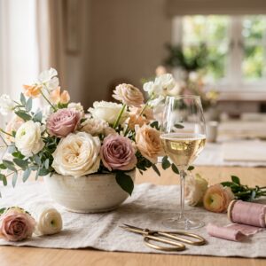 Centro de flores con copa de Crémant, tijeras y cinta