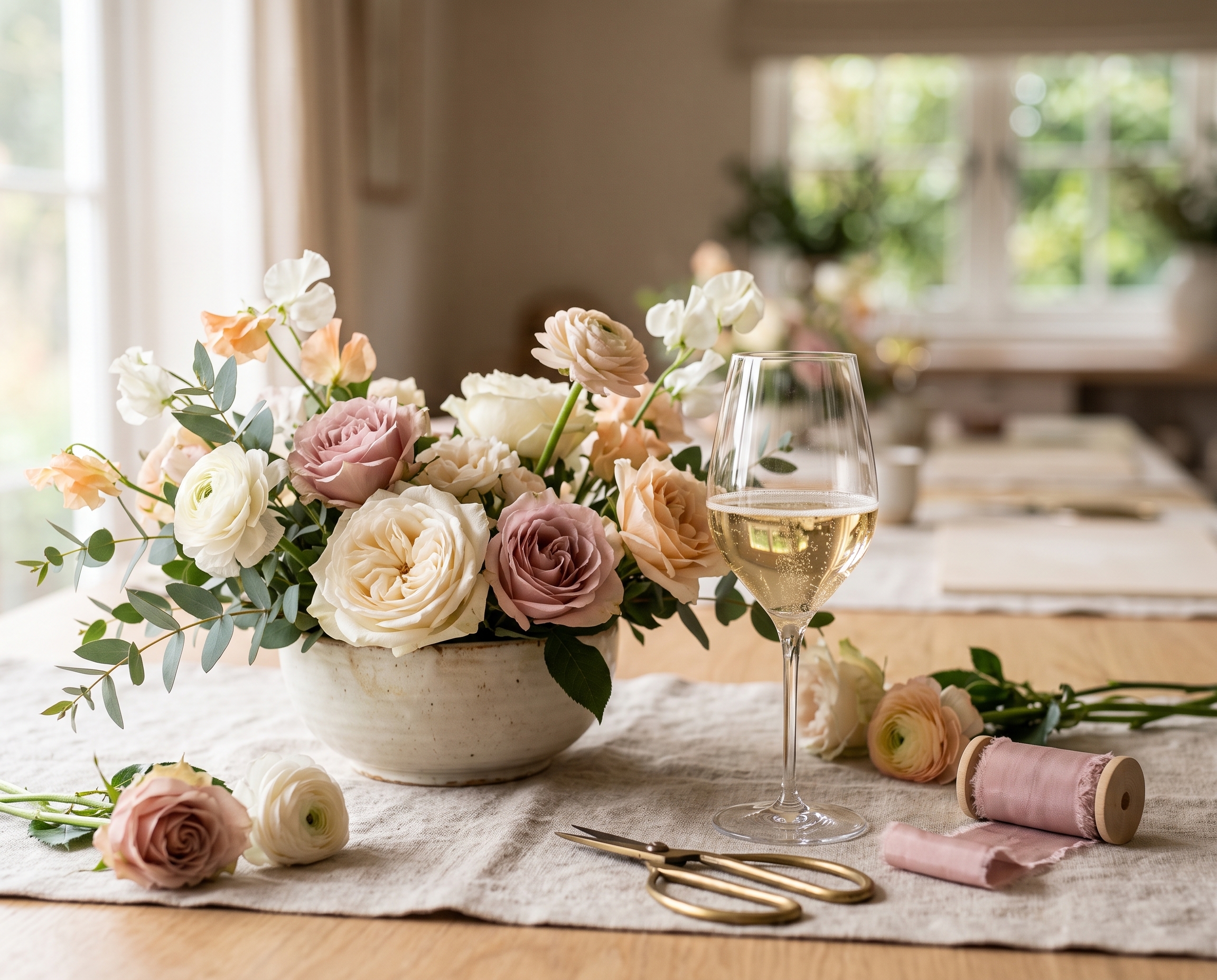 Centro de flores con copa de Crémant, tijeras y cinta