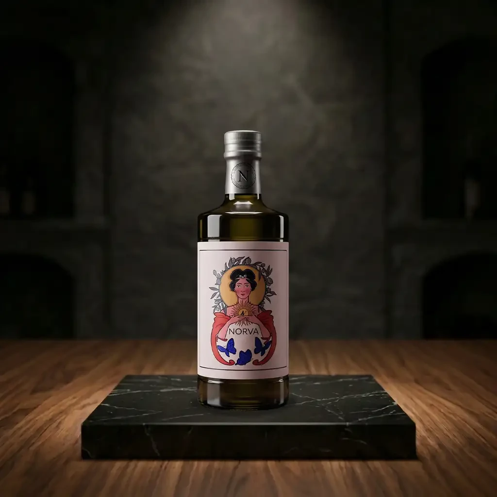Botella de aceite de oliva virgen extra NORVA sobre una peana de mármol negro