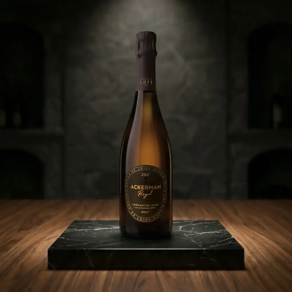 Botella de Crémant de Loire Blanc Brut 2022 Vintage de Ackerman sobre una peana de mármol negro