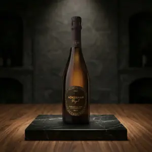 Botella de Crémant de Loire Blanc Brut 2022 Vintage de Ackerman sobre una peana de mármol negro