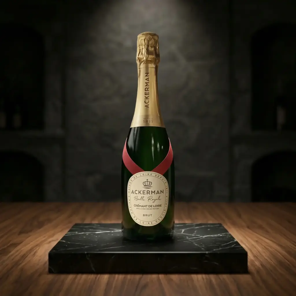 Botella de Crémant de Loire Blanc Brut Bulle Royale de Ackerman sobre una peana de mármol negro