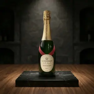 Botella de Crémant de Loire Blanc Brut Bulle Royale de Ackerman sobre una peana de mármol negro