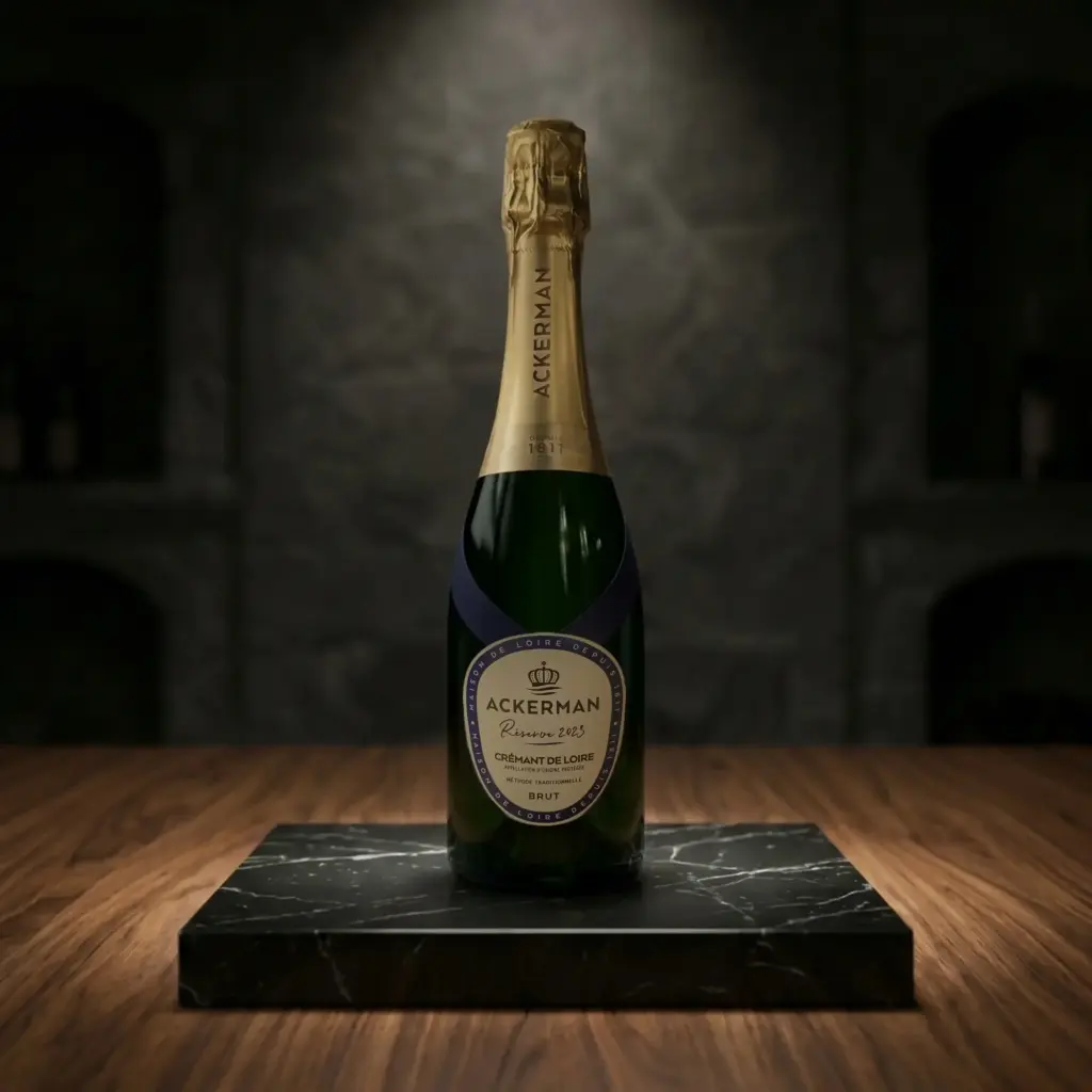 Botella de Crémant de Loire Blanc Brut Réserve de Ackerman sobre una peana de mármol negro