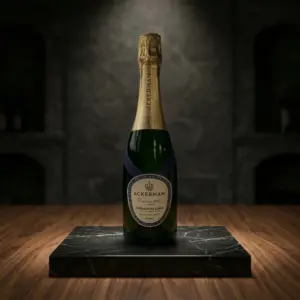Botella de Crémant de Loire Blanc Brut Réserve de Ackerman sobre una peana de mármol negro