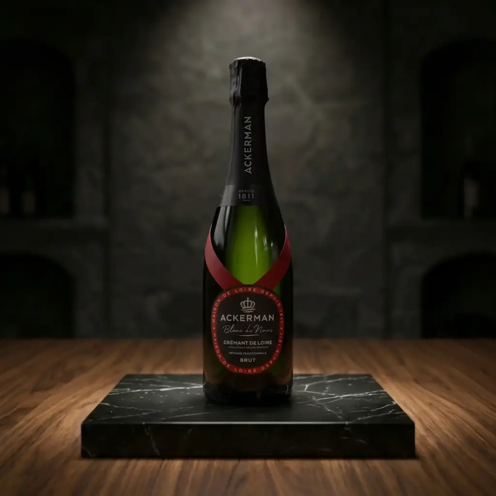 Botella de Crémant de Loire Blanc de Noirs Brut de Ackerman sobre una peana de mármol negro