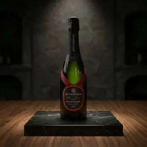 Botella de Crémant de Loire Blanc de Noirs Brut de Ackerman sobre una peana de mármol negro