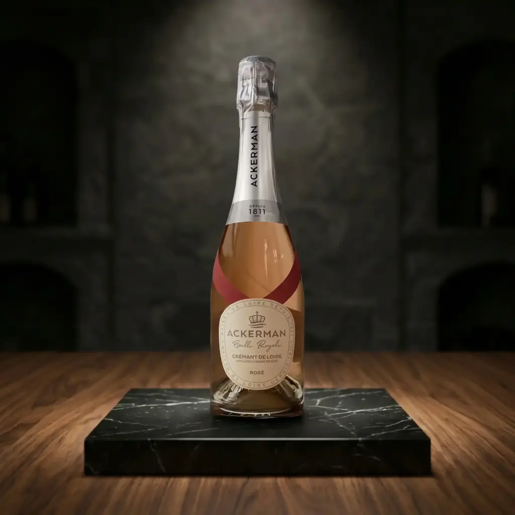 Botella de Crémant de Loire Rosé Brut Bulle Royale de Ackerman sobre una peana de mármol negro