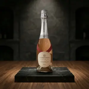 Botella de Crémant de Loire Rosé Brut Bulle Royale de Ackerman sobre una peana de mármol negro