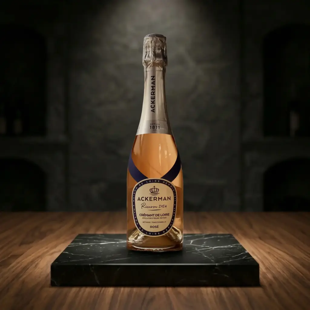 Botella de Crémant de Loire Rosé Brut Réserve de Ackerman sobre una peana de mármol negro