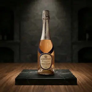 Botella de Crémant de Loire Rosé Brut Réserve de Ackerman sobre una peana de mármol negro