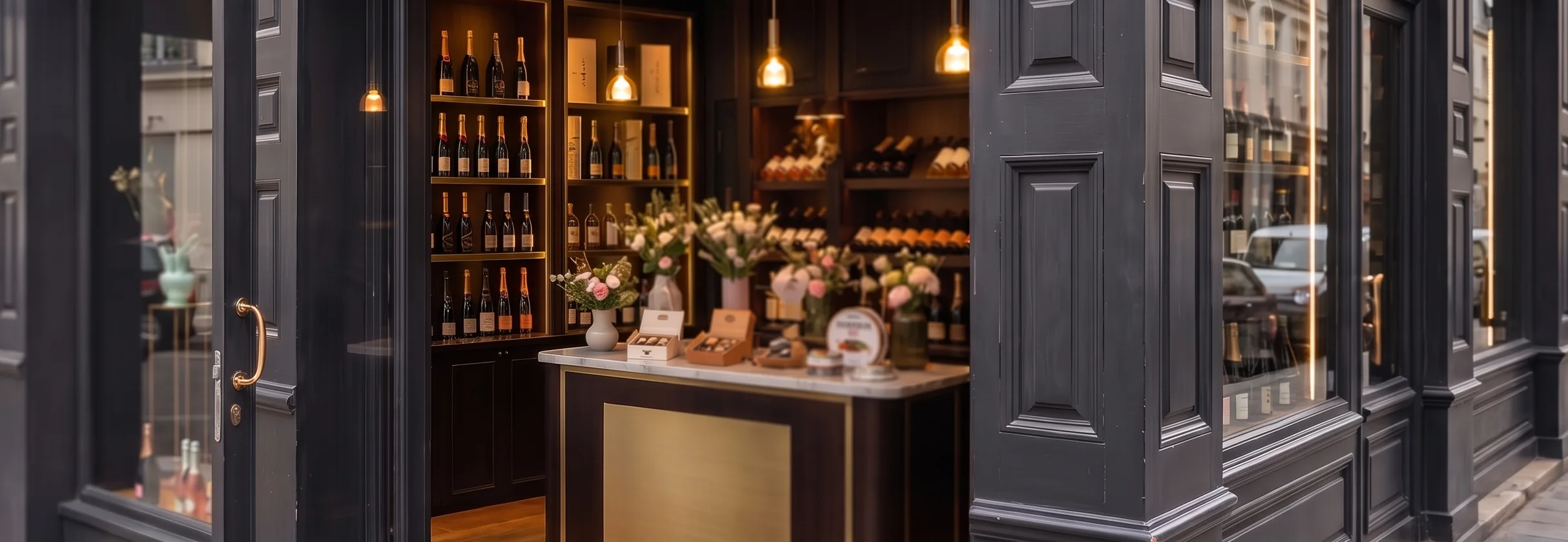 Interior de la tienda Abayul en la calle Zurbano 52 visto desde la puerta: estanterías de crémant, lámparas colgantes y mostrador de mármol con flores y cajas de regalo.