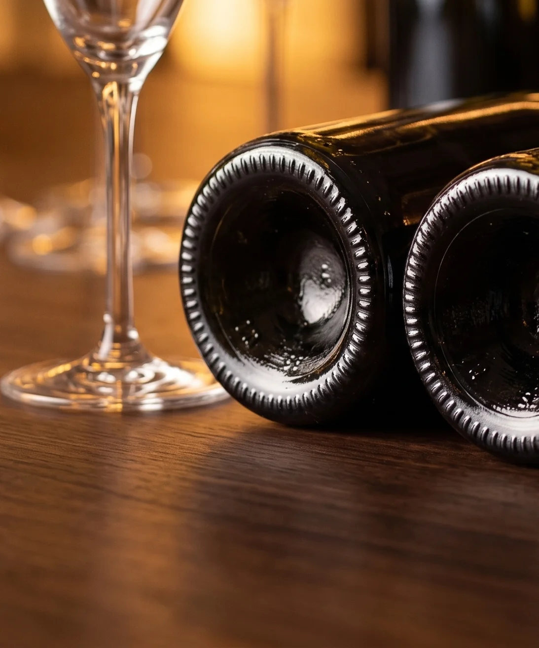 Botellas de crémant tumbadas sobre una mesa de madera junto a copas de cristal