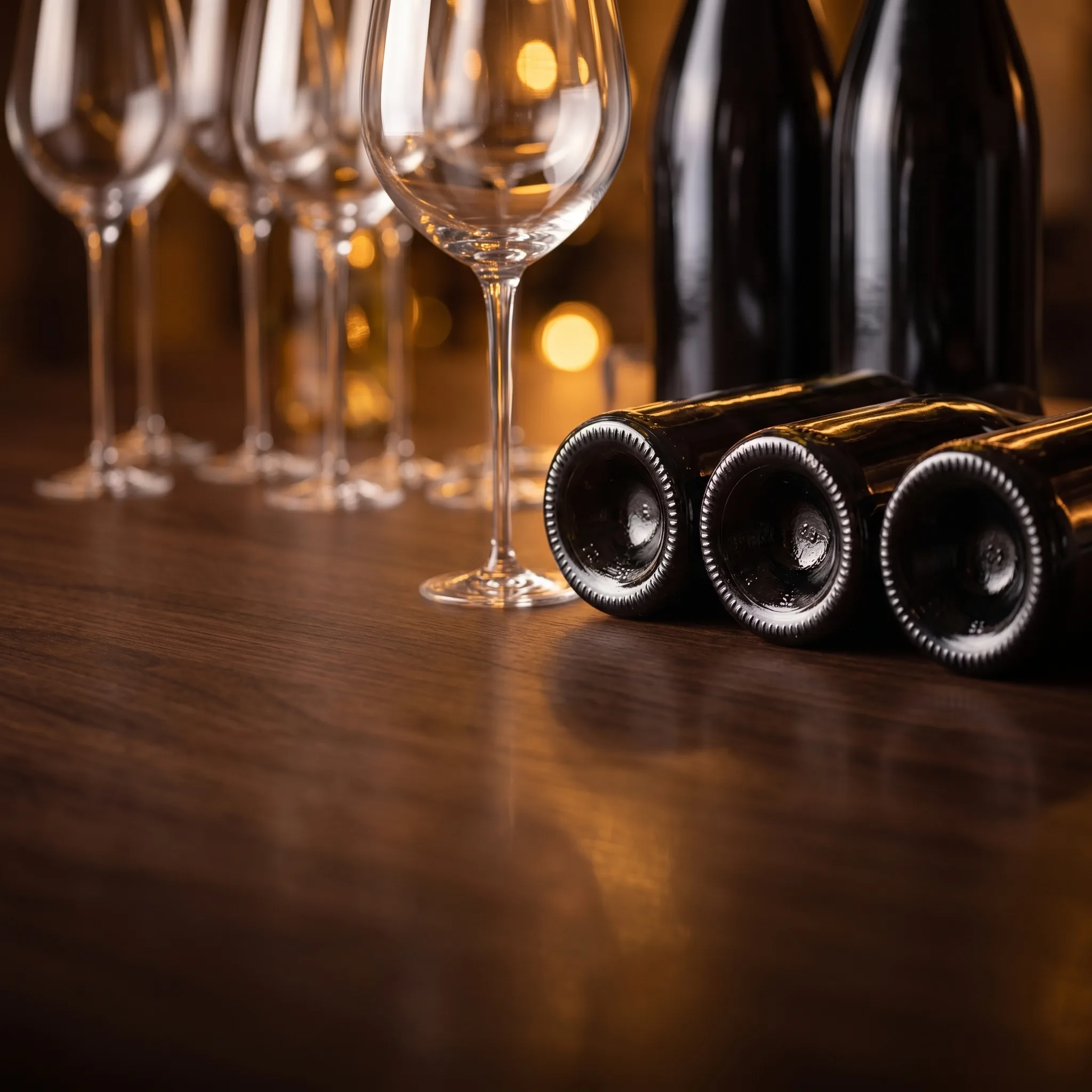 Botellas de Crémant de Loire y copas sobre una mesa de madera
