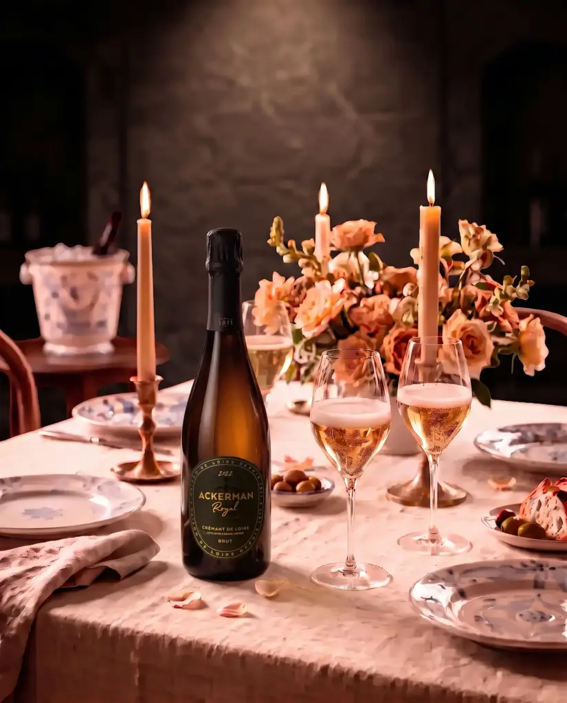 Botella de Crémant de Loire Ackerman Royal 2022 en una mesa con velas, copas y flores