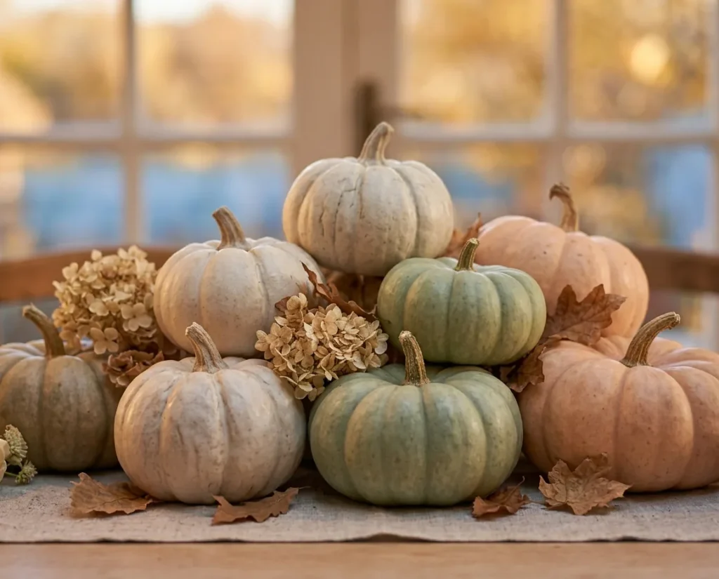 Calabazas decorativas de temporada con hortensias secas