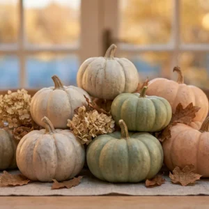 Calabazas decorativas de temporada con hortensias secas