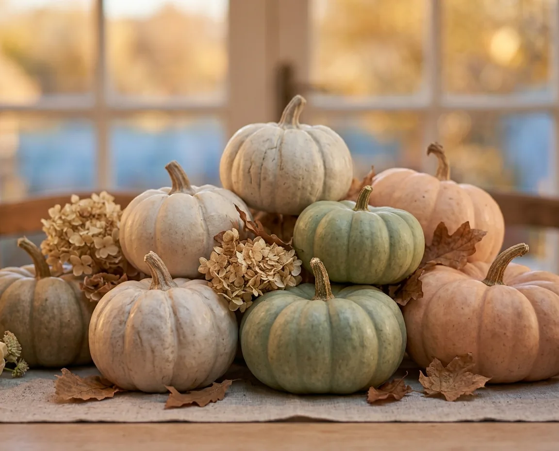 Calabazas decorativas de temporada con hortensias secas
