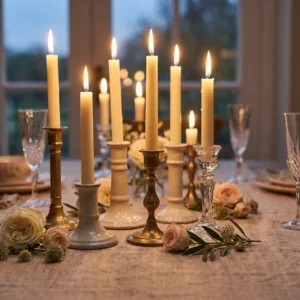 Candelabros de latón, cerámica y cristal con velas encendidas en una mesa