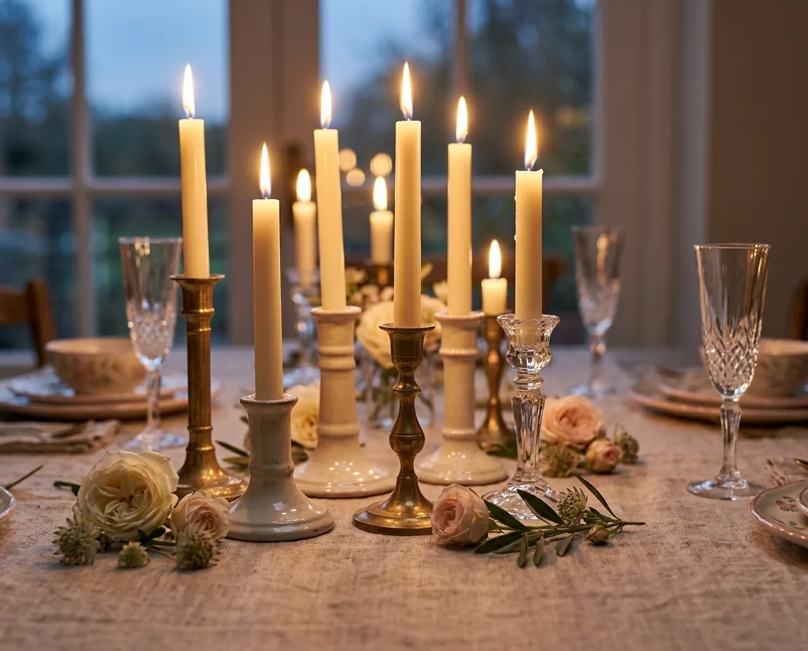 Candelabros de latón, cerámica y cristal con velas encendidas en una mesa
