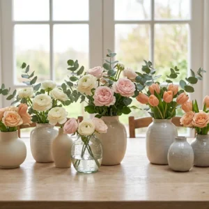 Floreros de cerámica y cristal con rosas, ranúnculos y tulipanes