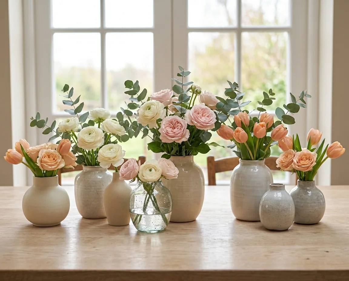 Floreros de cerámica y cristal con rosas, ranúnculos y tulipanes