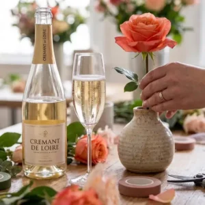 Participante colocando una rosa en un jarrón de cerámica junto a una copa de crémant