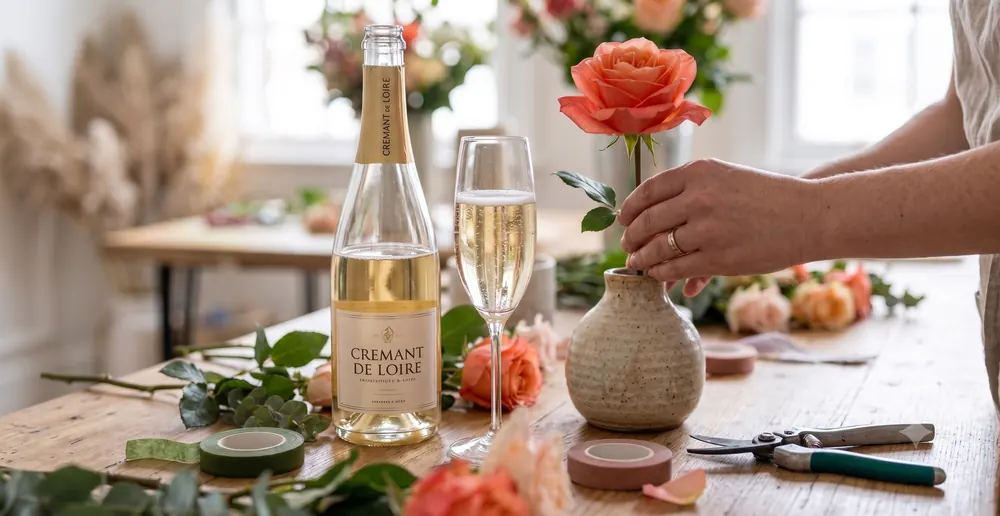 Taller de centro de flores con una botella de Crémant de Loire y una copa